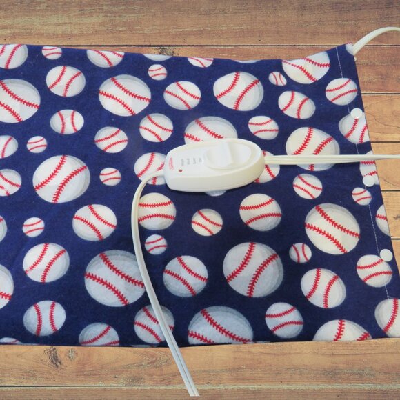 Heating Pad Cover, 12 x 15, Soft Blue Flannel With Baseballs, 3 Snap Closure - Picture 1 of 4